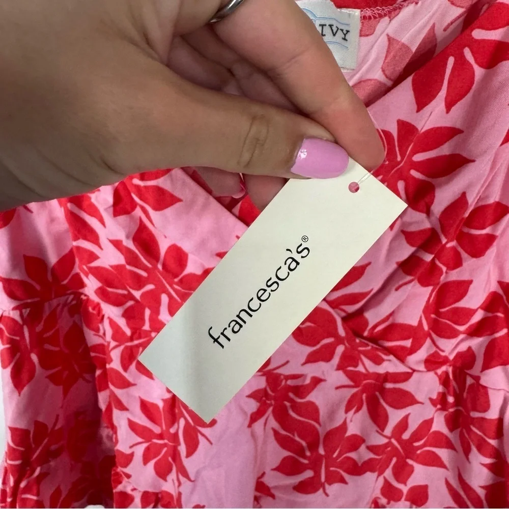 Jun & Ivy Pink & Red V Neck Faux Wrap Cropped Short Sleeve Summer Top Beach Cute